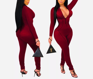 Zipper Body Con Deep V Jumpsuit